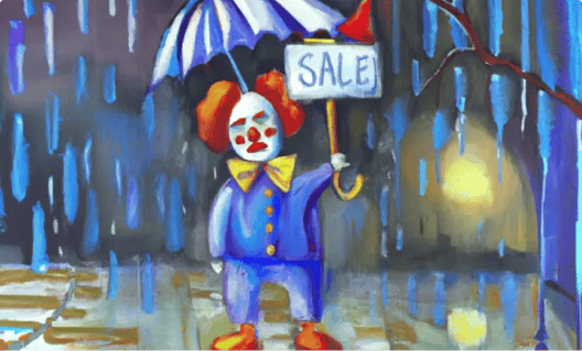 A sad clown holding a sign in the rain that says "SALE"