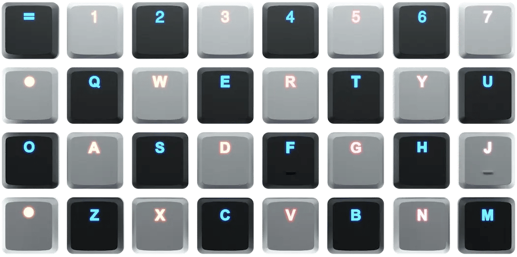 a group of voyager keycaps laid out in a grid, patchwarok black and white