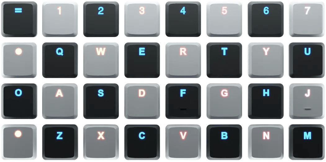 a group of voyager keycaps laid out in a grid, patchwarok black and white