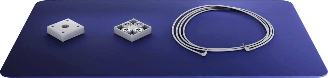 Two white tripod mounts and a white 210cm TRRS cable