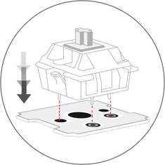 A new keyswitch being aligned to the holes of the socket