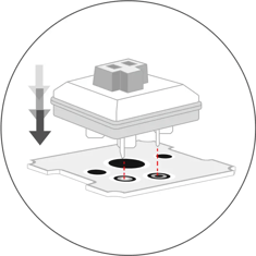 Putting a keyswitch downwards over the socket, arrows pointing down indicating direction of force