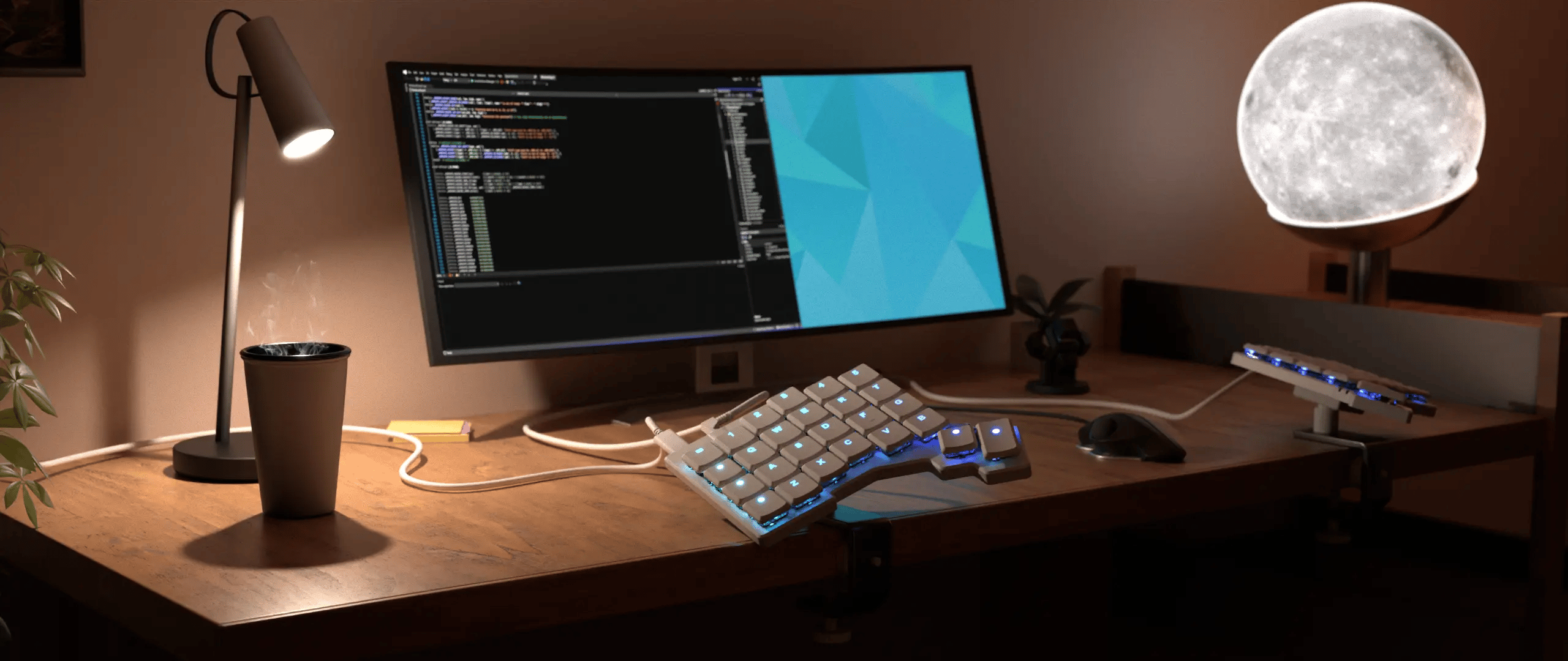 Two C-Clamps on a desk, either side of the desktop, with a white Voyager on each