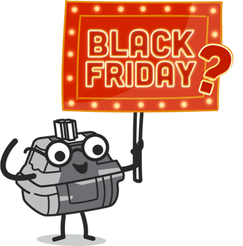 a cartoon keyswitch holding up a sign saying: black friday?