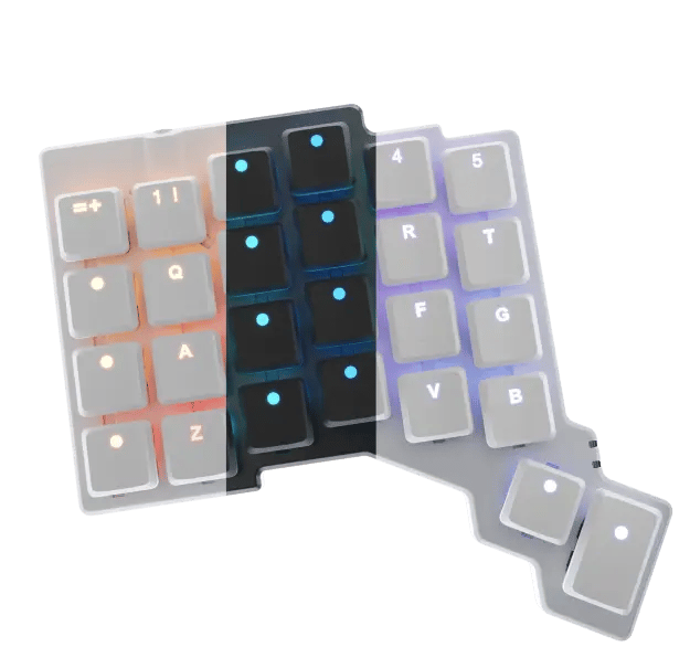 a variety of keycaps, blank, dark, and light