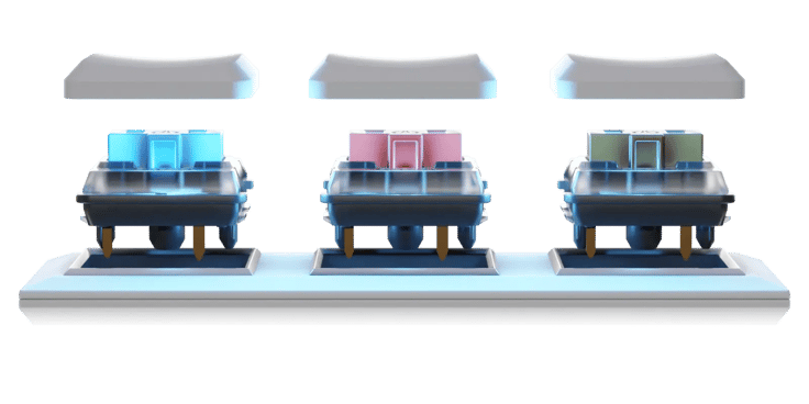 The three choc keyswitches with their LEDs turned on. Keycaps floating above each one
