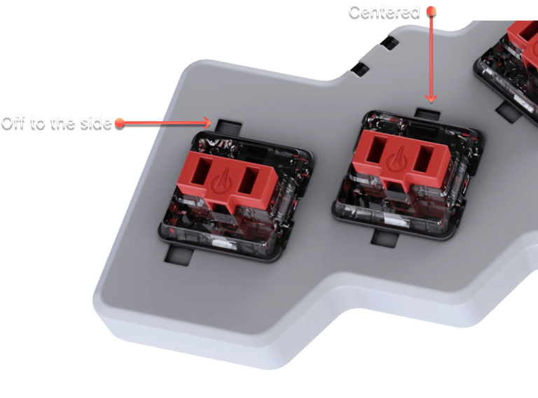 Top plate of a voyager with keyswitches. Arrows pointing to an offset slot, and a centered slot
