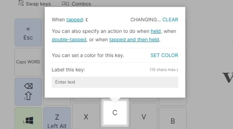 Popup showing the options for changing a key