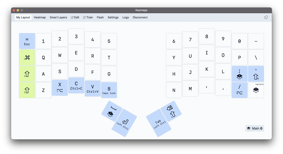 Layout tab on Keymapp: Showing a QWERTY layout with the Z key selected and its functions shown. When tapped 'Z', When held 'Left Option'