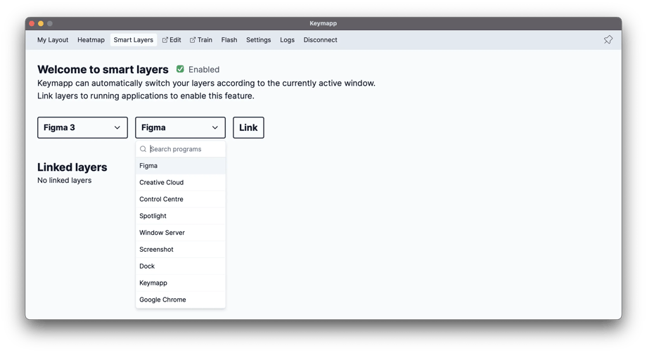 Smart layers tab on Keymapp: Showing the possible apps where a layer can automatically turn on.