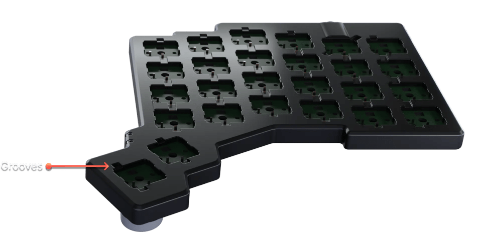 Voyager from a top down view. Arrow pointing to one of the groove on the top plate