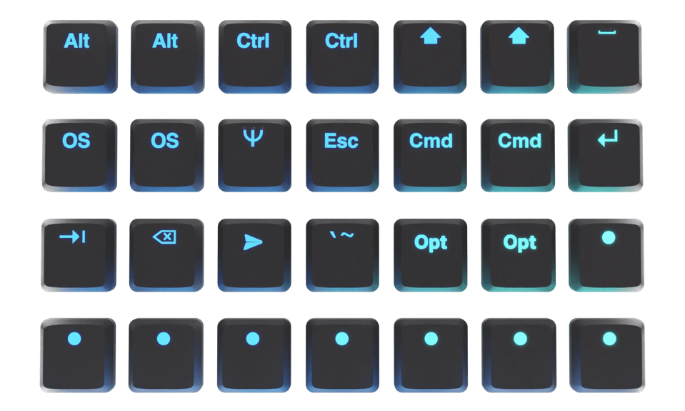 a group of voyager keycaps laid out in a grid